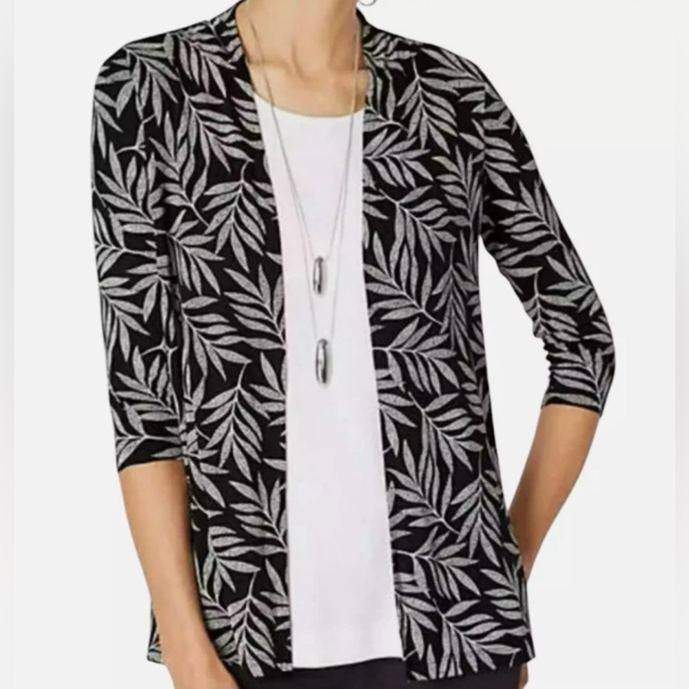 J. Jill Black and White Cardigan Sweater with Tropical Print Size L‎
